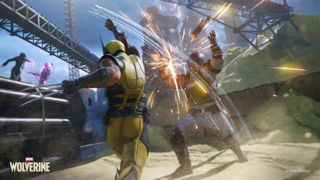 Marvel’s Wolverine combate contra un enemigo mientras Jean Grey utiliza sus poderes al fondo
