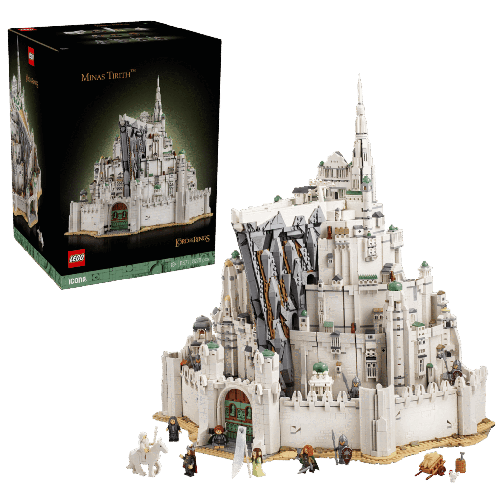 Set LEGO Icons El Señor de los Anillos: Minas Tirith con la Ciudad Blanca de Gondor construida en piezas LEGO.