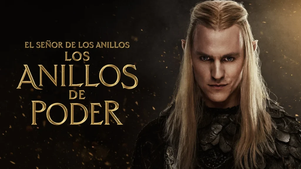Imagen promocional oficial de Los Anillos de Poder temporada 3 con una figura coronada ante candelabros.